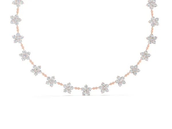 Round Diamond Floral Station Necklace with Diamond Accents Rose gold