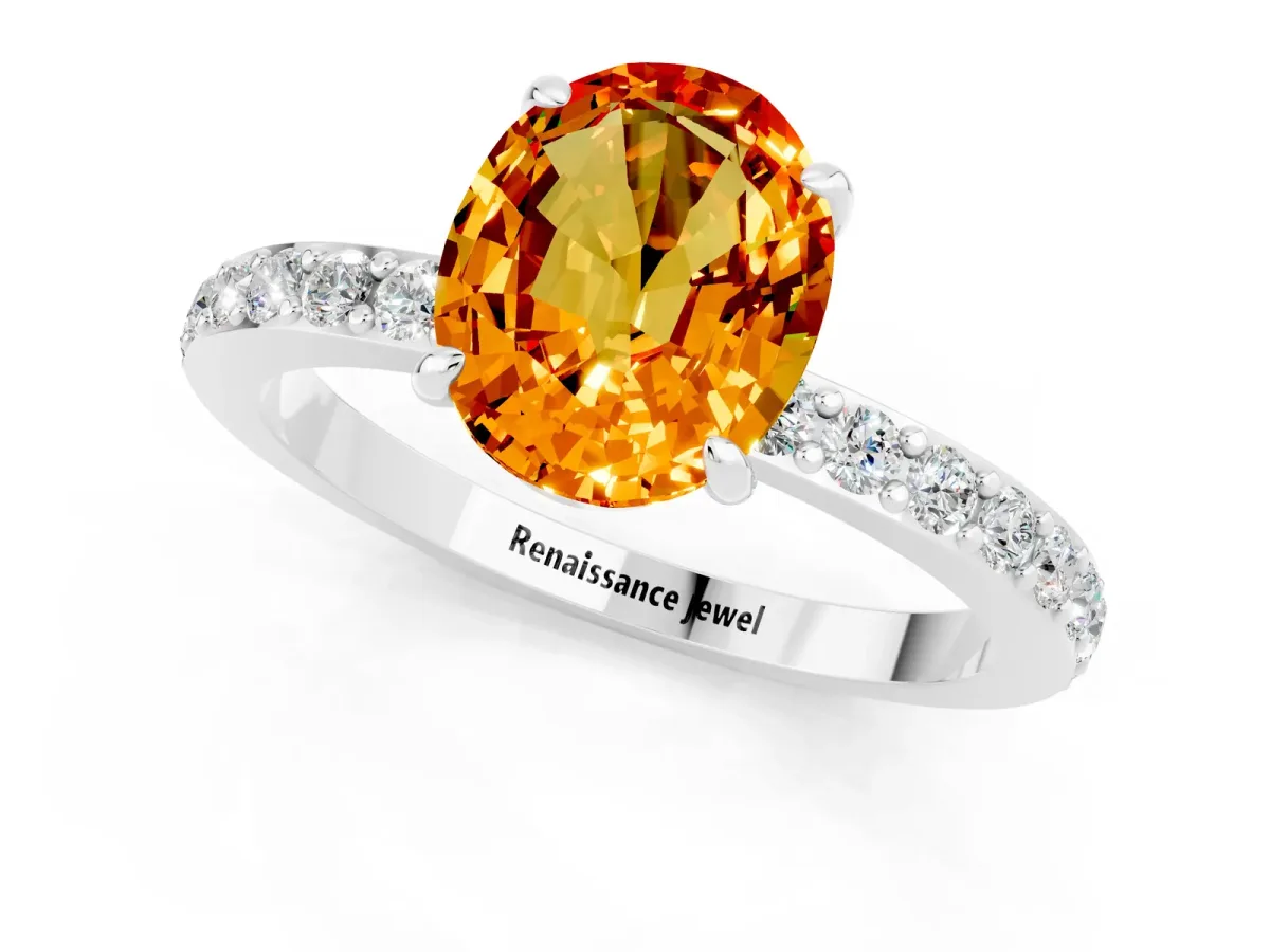 Oval Cut Citrine Solitaire Engagement Ring with Pavé Band and Four-Prong Setting White gold