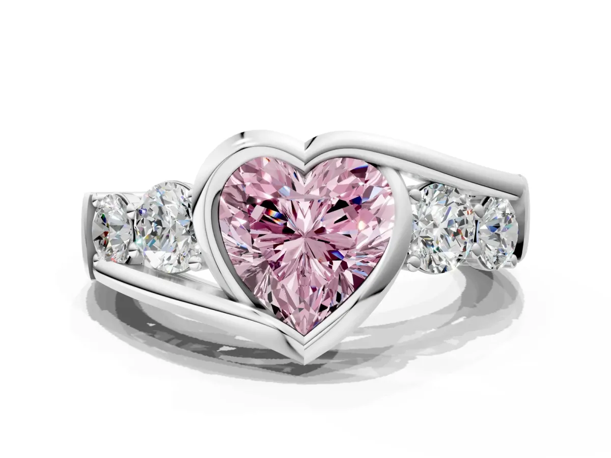Fancy Pink Bezel Set Heart Cut Diamond Bypass Ring with Round Accents Platinum