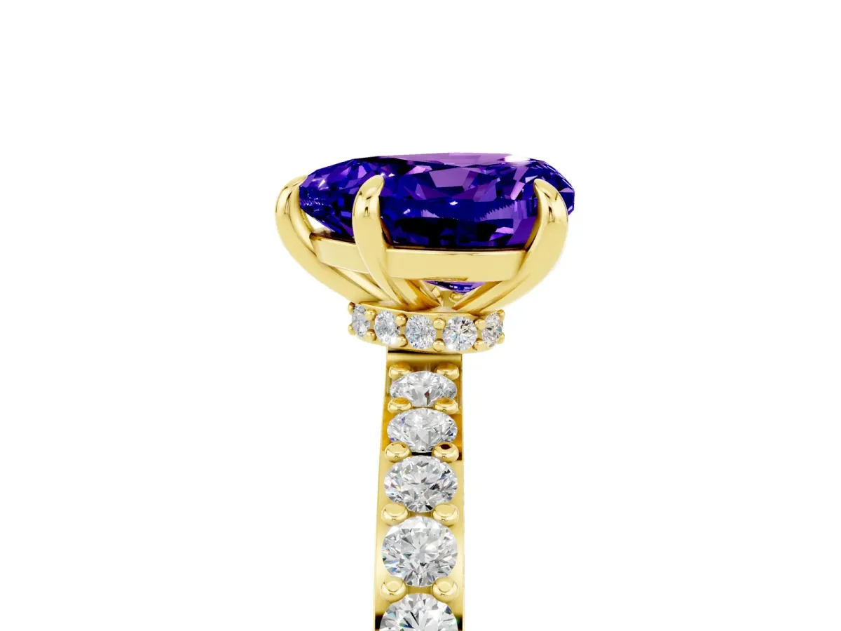 Heart Cut Tanzanite Solitaire Engagement Ring with Pavé Band and Four-Prong Setting Yellow gold