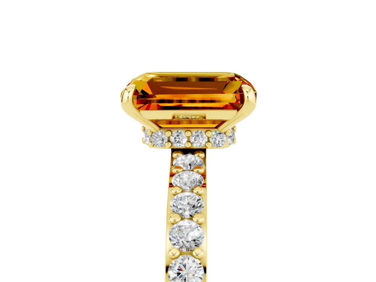 Emerald Cut Citrine Solitaire Engagement Ring with Pavé Band and Four-Prong Setting Yellow gold