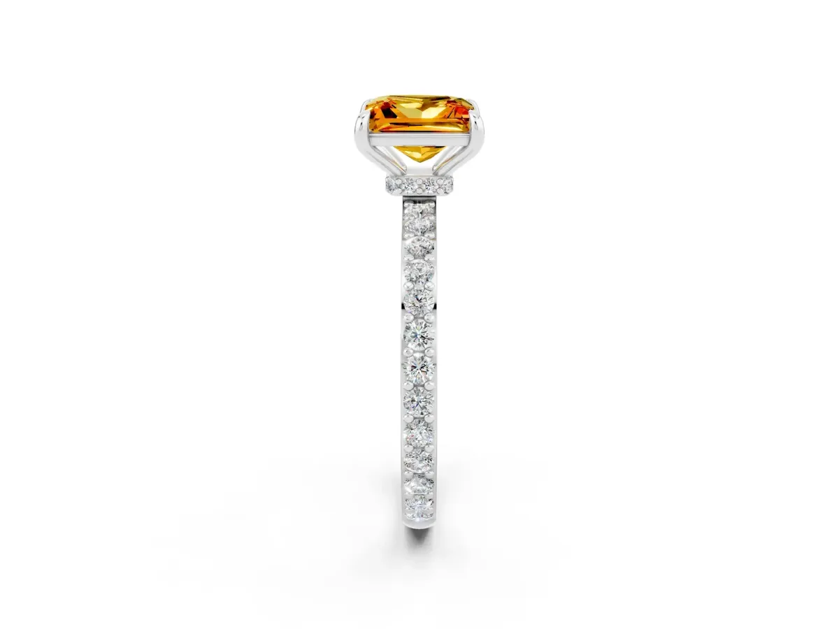 Princess Cut Citrine Solitaire Engagement Ring with Pavé Band and Four-Prong Setting White gold