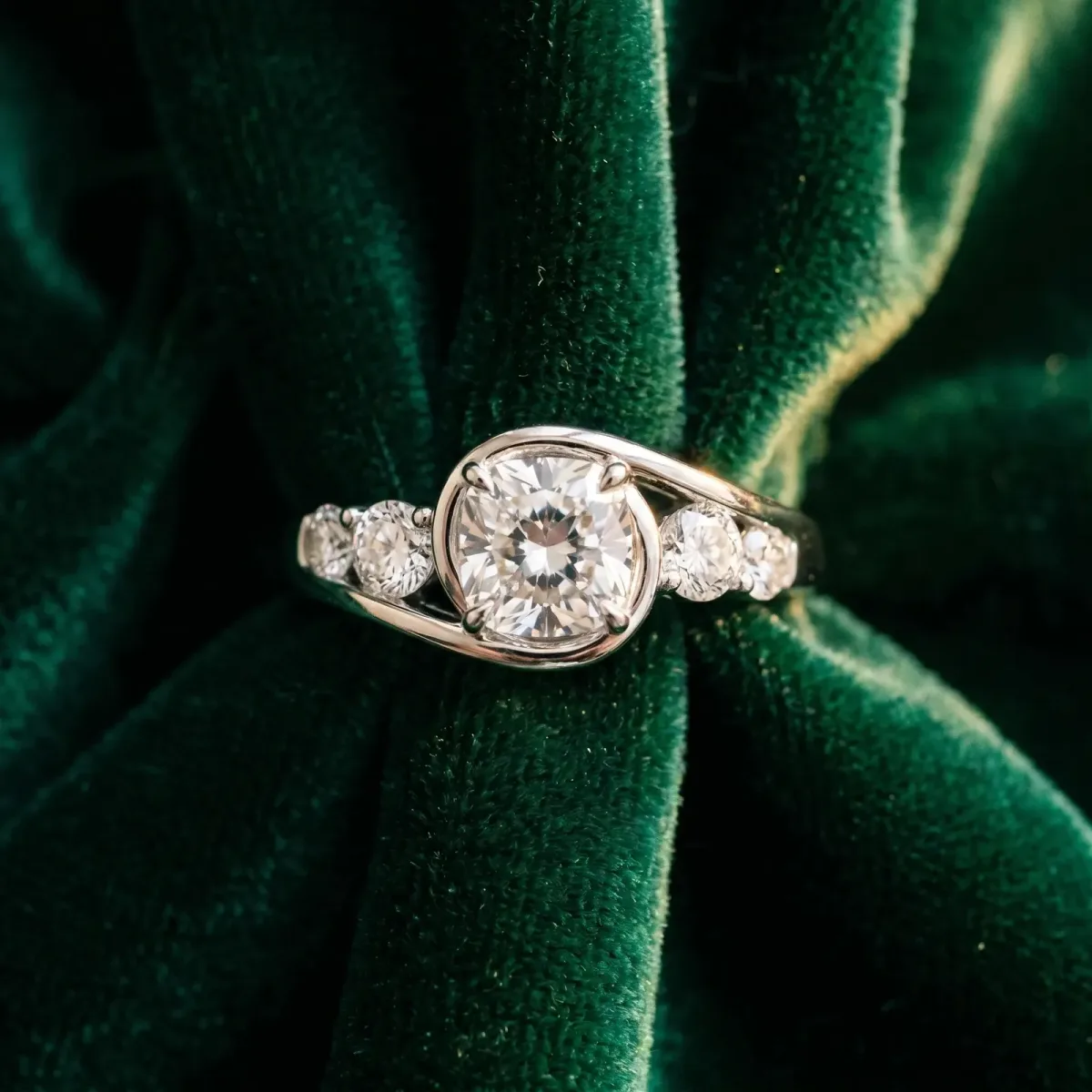Bezel Set Cushion Cut Diamond Bypass Ring with Round Accents Silver