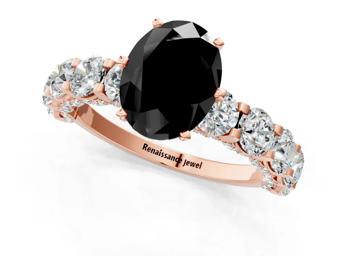 Fancy Black Oval Cut Diamond Side Stone Engagement Ring with Four-Prong Setting Rose gold