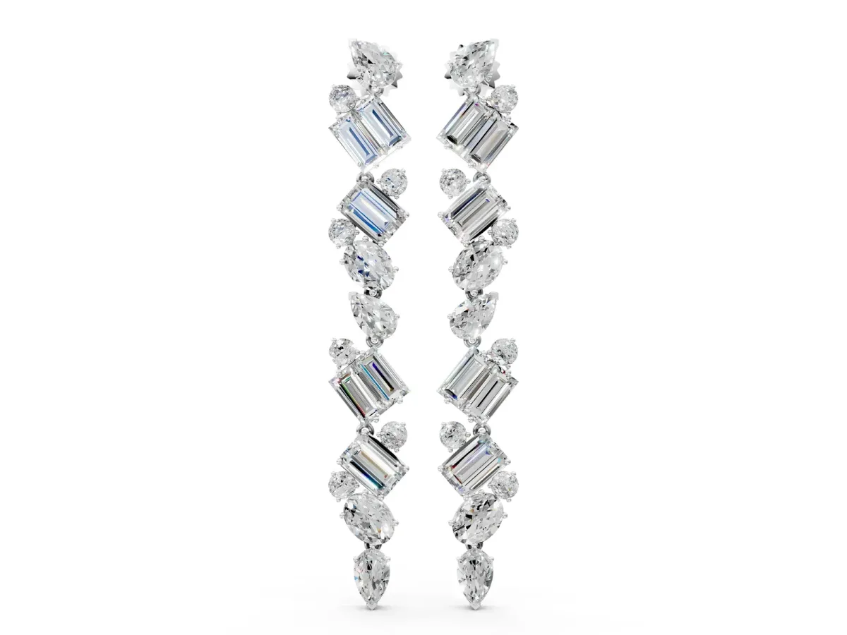 Pear, Emerald, and Round Diamond Linear Drop Earrings Silver