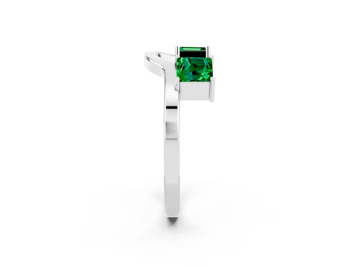 Princess Cut Emerald Two-Stone Open Band Ring with Four-Prong Setting Silver