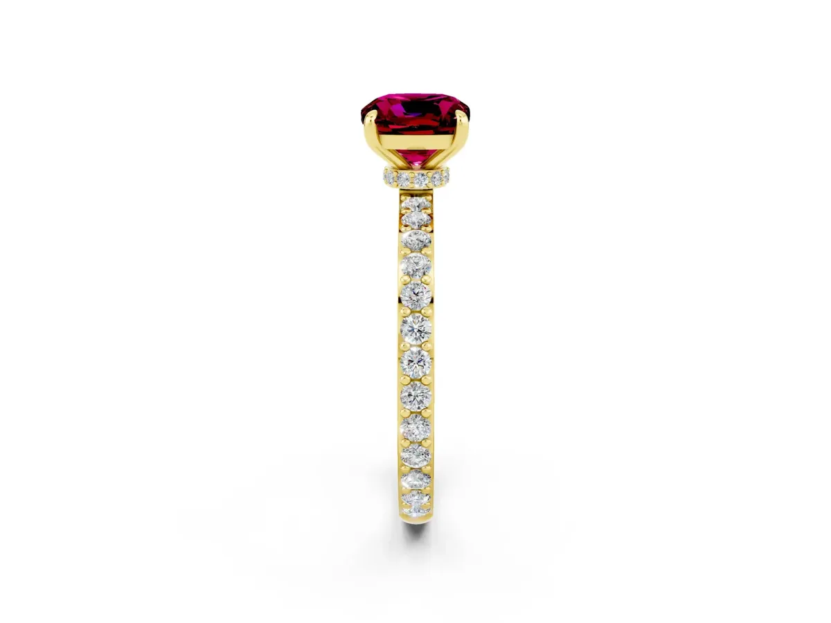Cushion Cut Garnet Solitaire Engagement Ring with Pavé Band and Four-Prong Setting Yellow gold
