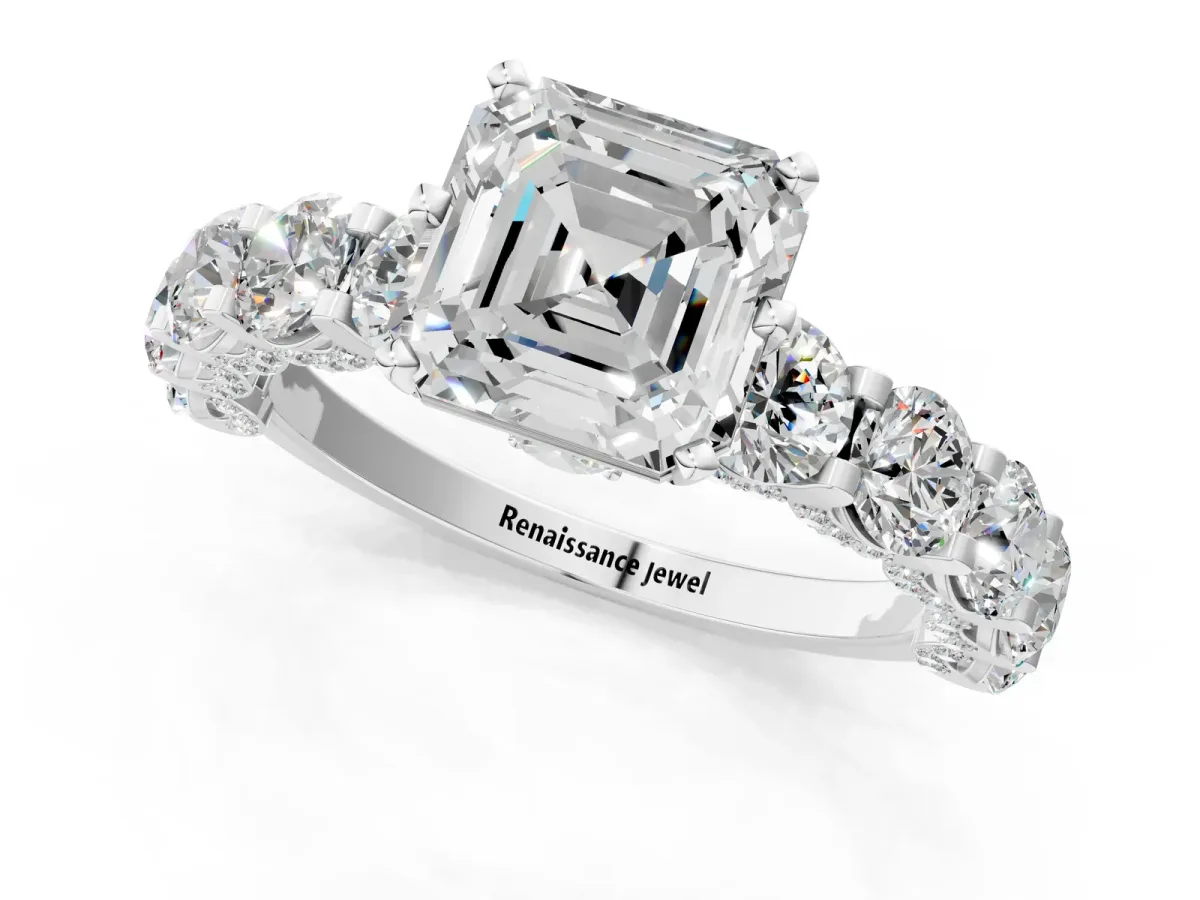Asscher Cut Diamond Side Stone Engagement Ring with Four-Prong Setting White gold