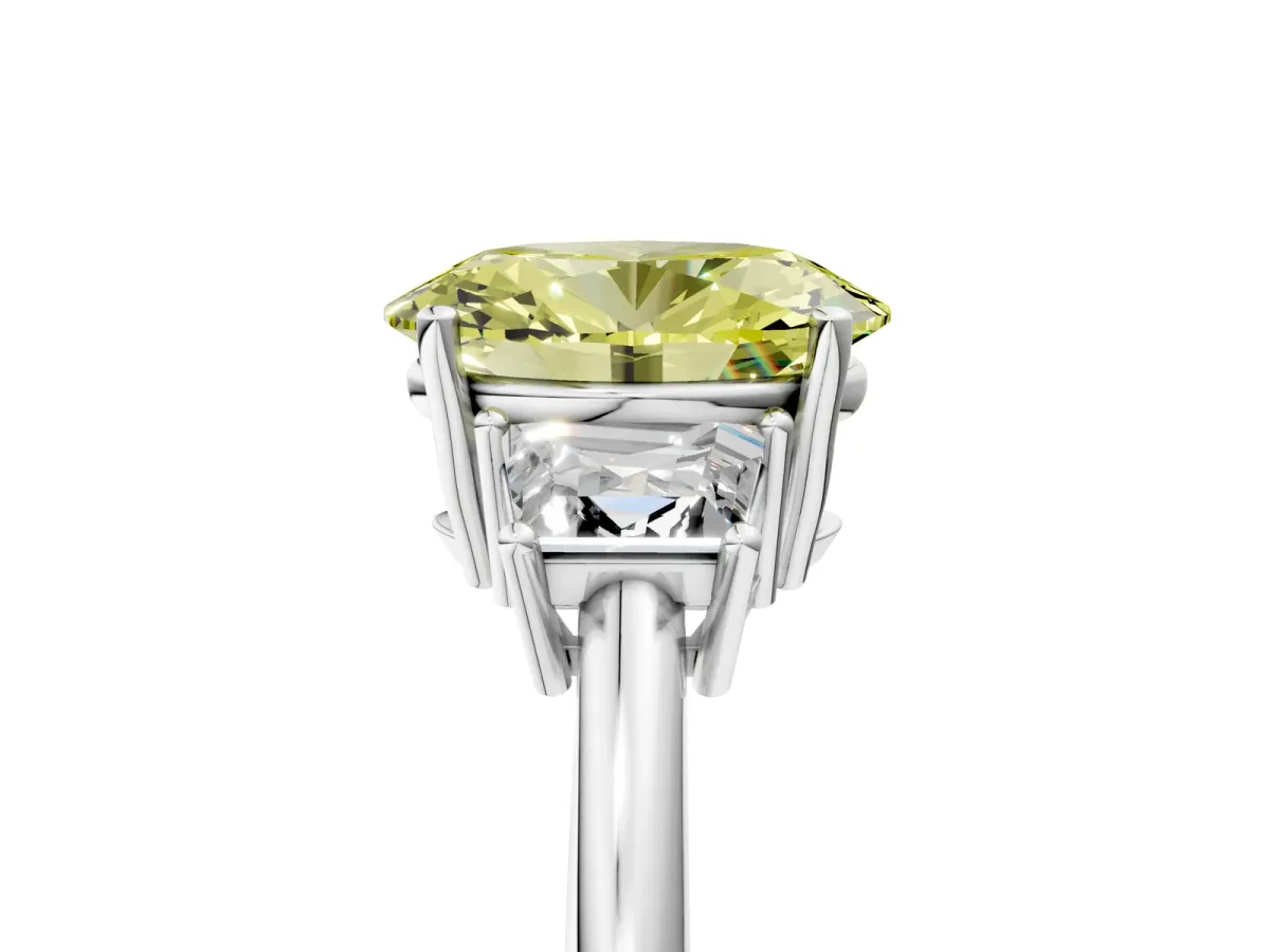 Fancy Yellow Oval Cut Diamond Three-Stone Ring with Trapezoid Side Stones and Prong Setting Silver