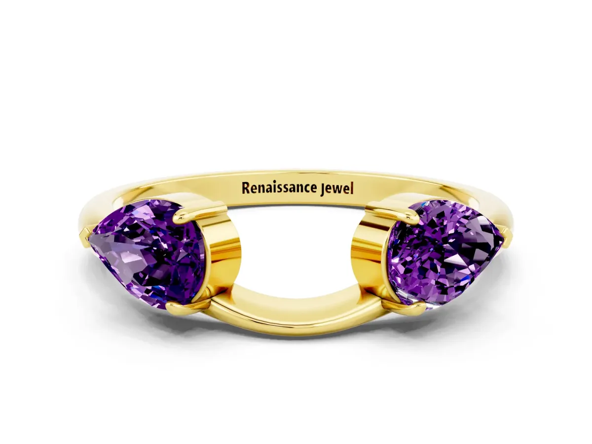Two-Stone Pear Amethyst Bypass Ring with Prong Setting Yellow gold
