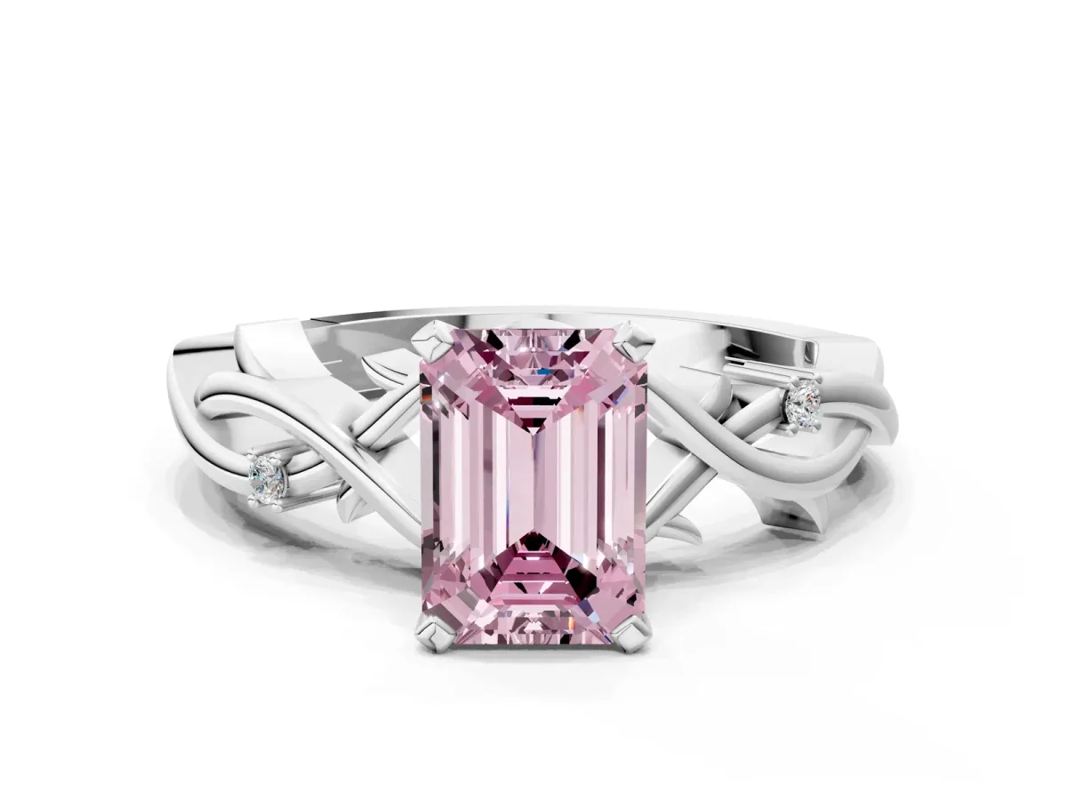 Fancy Pink Emerald Cut Diamond Solitaire Ring with Twisted Band and Prong Setting Silver