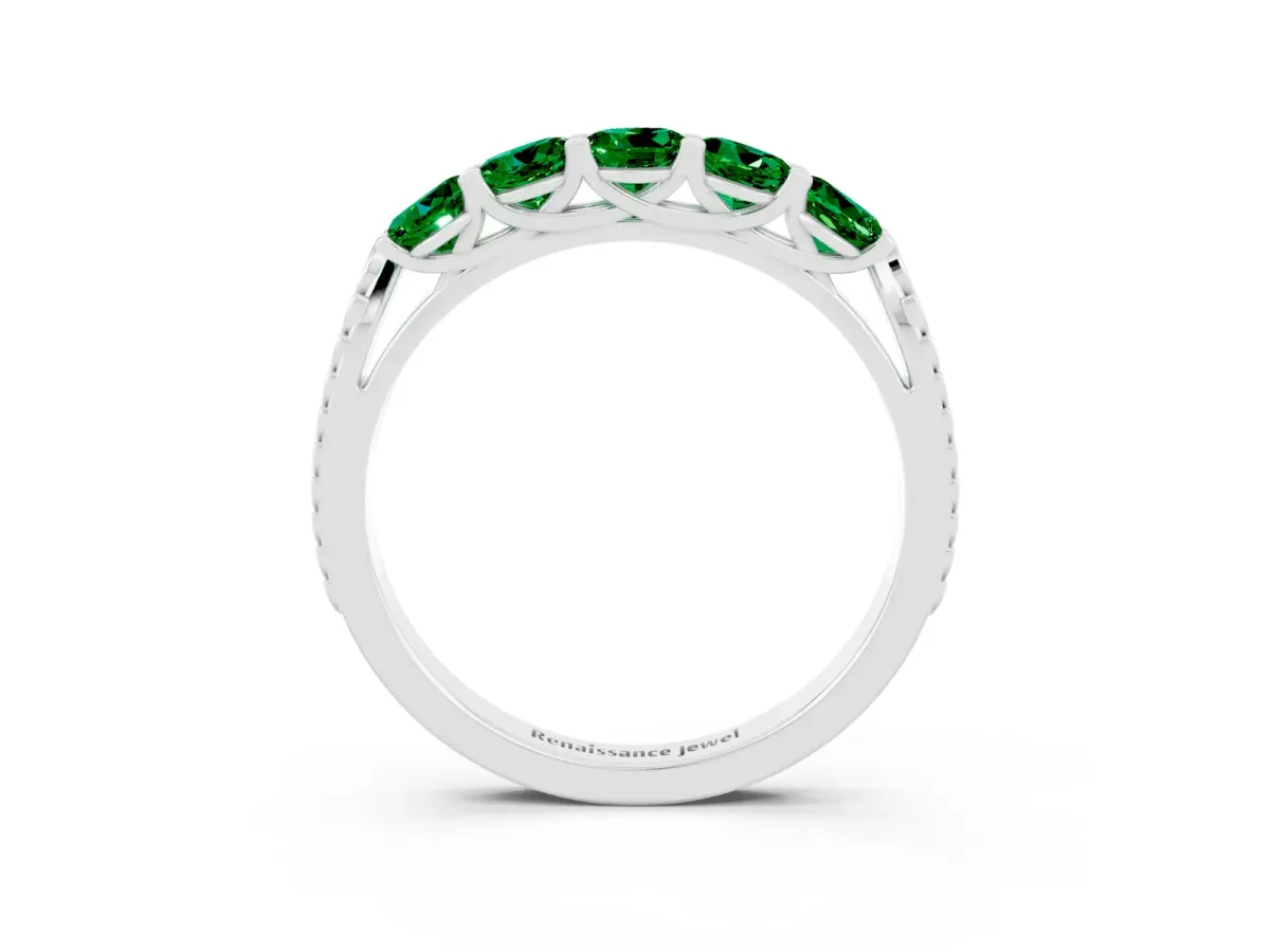 Five-Stone Round Emerald Prong-Set Band Silver