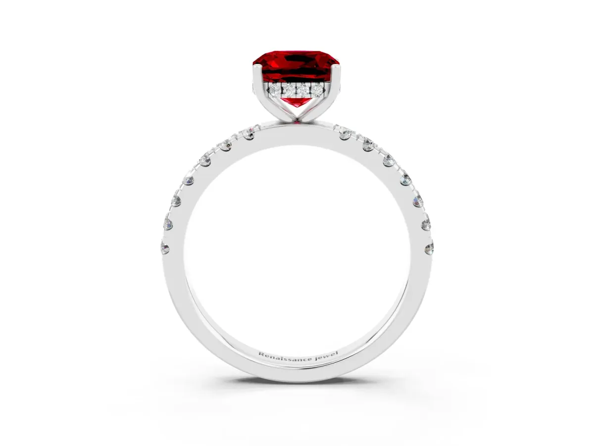 Cushion Cut Ruby Pave Band Solitaire Ring with Round and Prong Setting Platinum