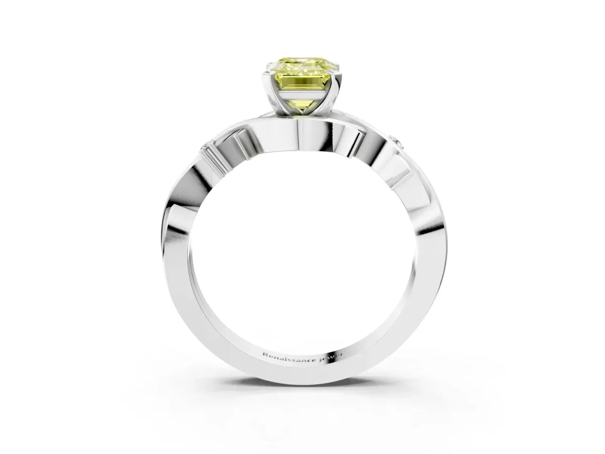 Fancy Yellow Emerald Cut Diamond Solitaire Ring with Twisted Band and Prong Setting Silver