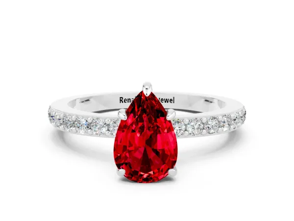 Pear Cut Ruby Solitaire Engagement Ring with Pavé Band and Four-Prong Setting Platinum
