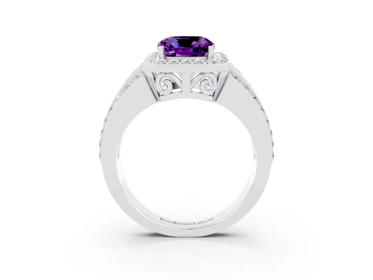 Cushion Cut Halo Amethyst Ring with Round Split Shank and Prong Setting Silver