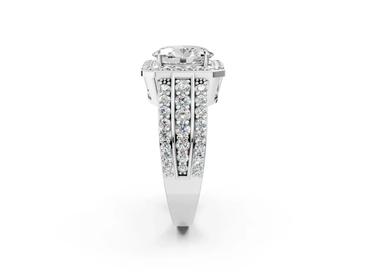 Oval Cut Halo Diamond Ring with Round Split Shank and Prong Setting Silver