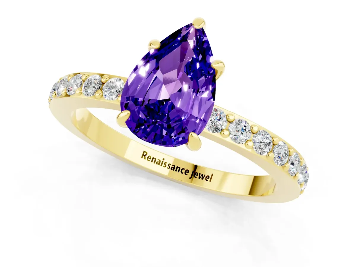Pear Cut Tanzanite Solitaire Engagement Ring with Pavé Band and Four-Prong Setting Yellow gold