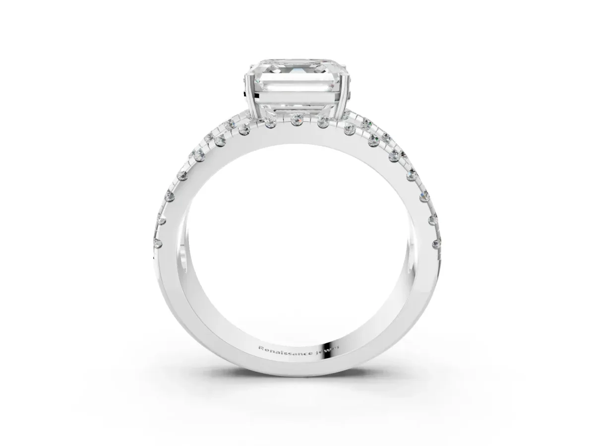 Asscher Cut Solitaire Split Shank Pave Diamond Ring Platinum