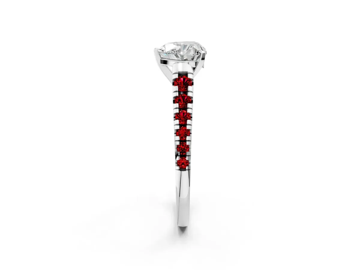 Heart Cut Diamond Cathedral Solitaire Ring with Round Ruby Pavé Band Silver