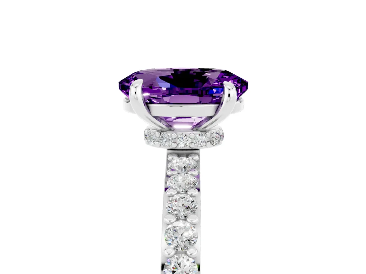 Oval Cut Amethyst Solitaire Engagement Ring with Pavé Band and Four-Prong Setting Platinum