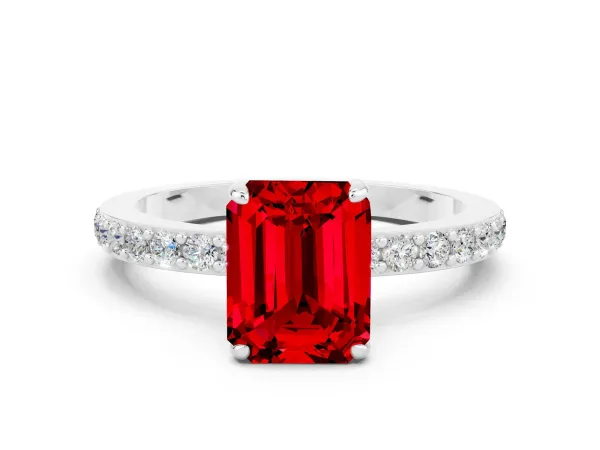 Emerald Cut Ruby Solitaire Engagement Ring with Pavé Band and Four-Prong Setting Platinum