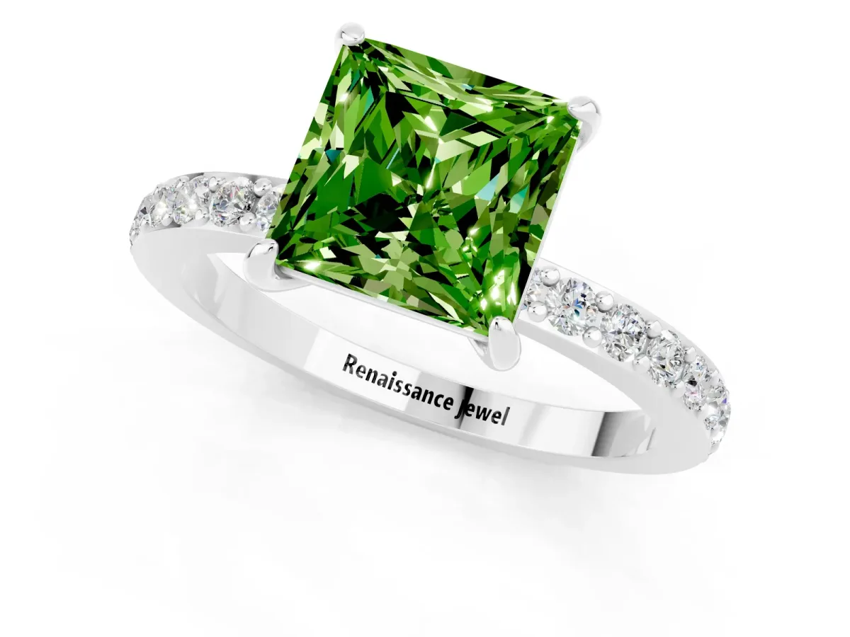 Princess Cut Peridot Solitaire Engagement Ring with Pavé Band and Four-Prong Setting White gold