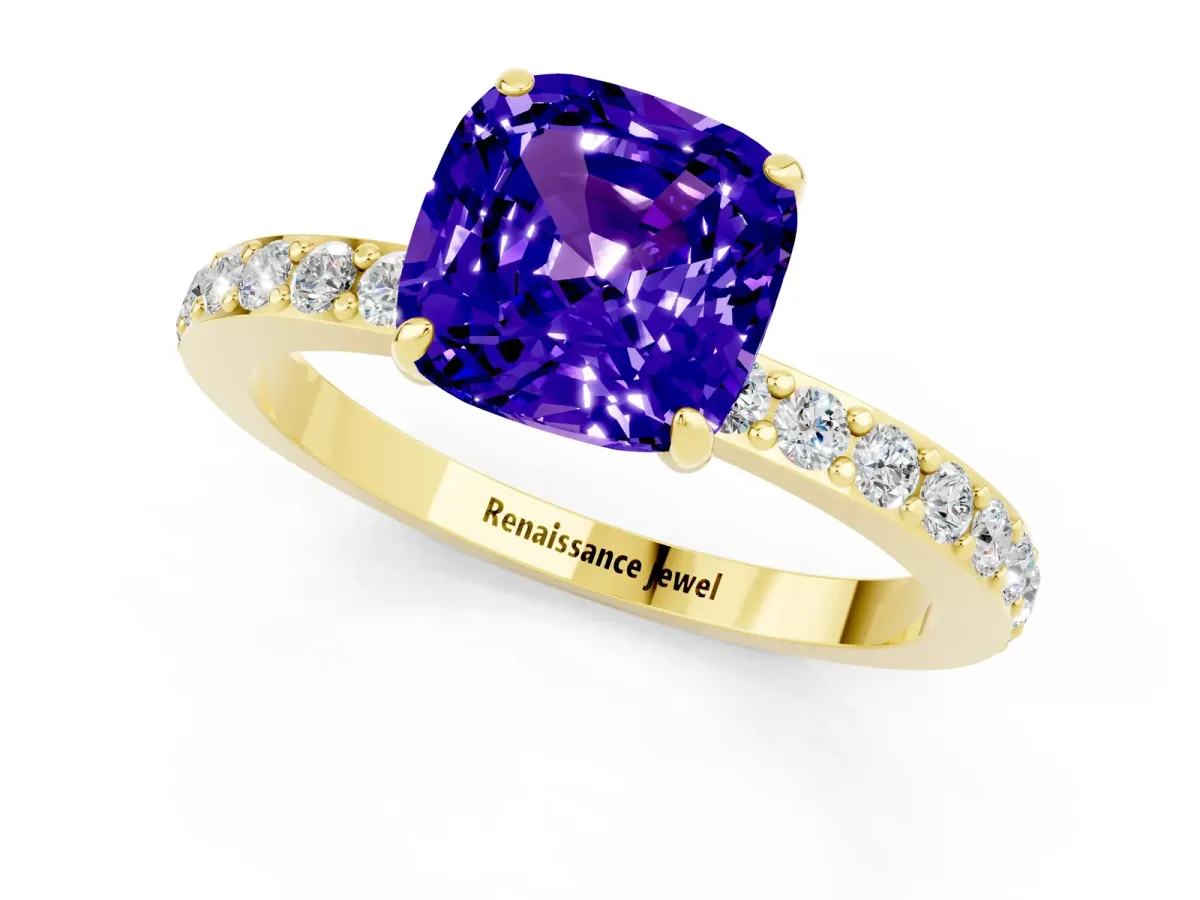 Cushion Cut Tanzanite Solitaire Engagement Ring with Pavé Band and Four-Prong Setting Yellow gold