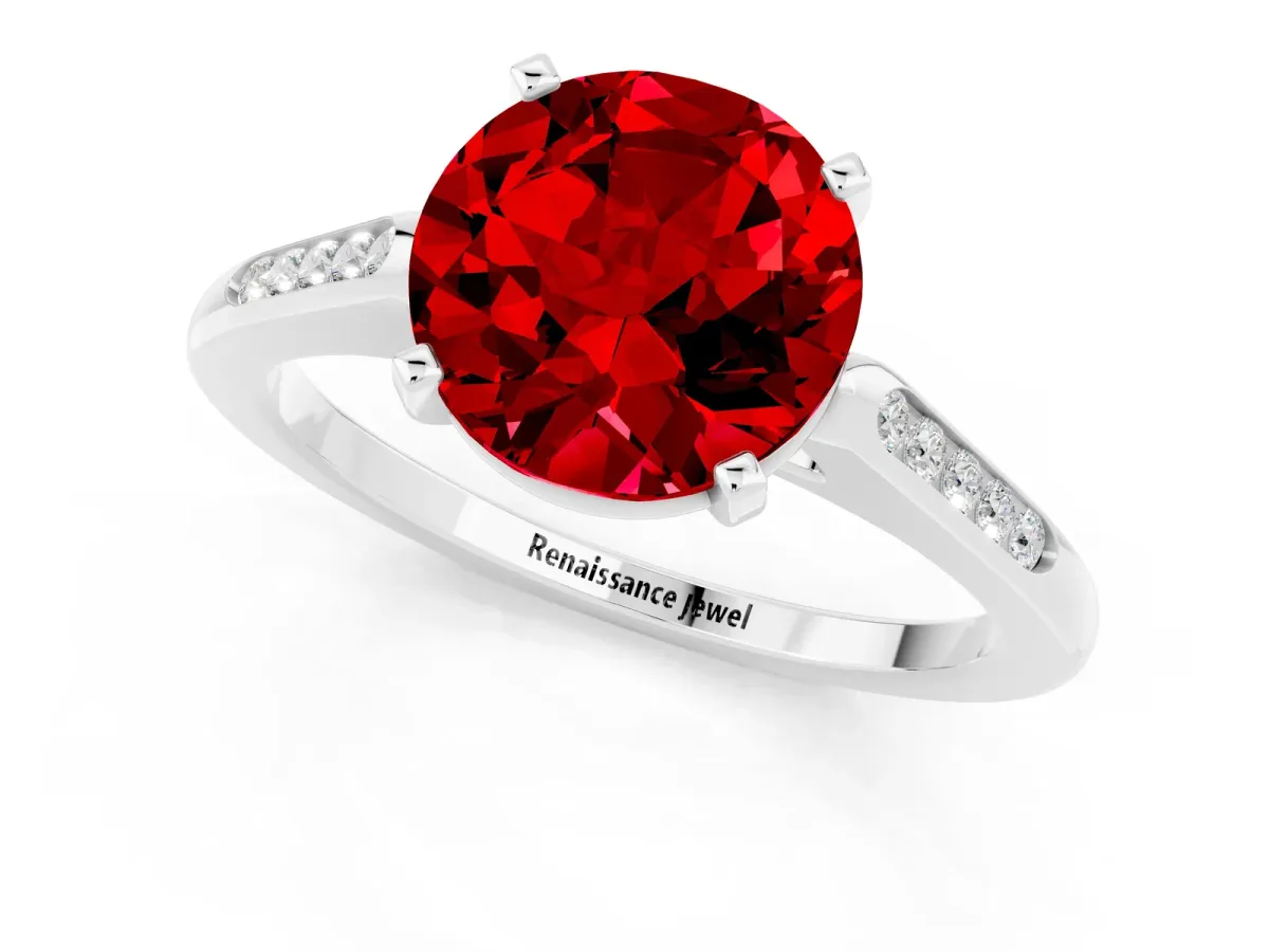 Round Cut Ruby Solitaire Ring with Channel Set Round Band and Prong Setting White gold