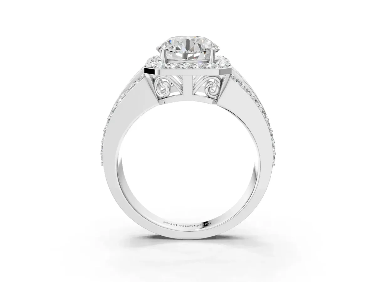 Round Cut Halo Diamond Ring with Round Tanzanite Split Shank and Prong Setting Silver
