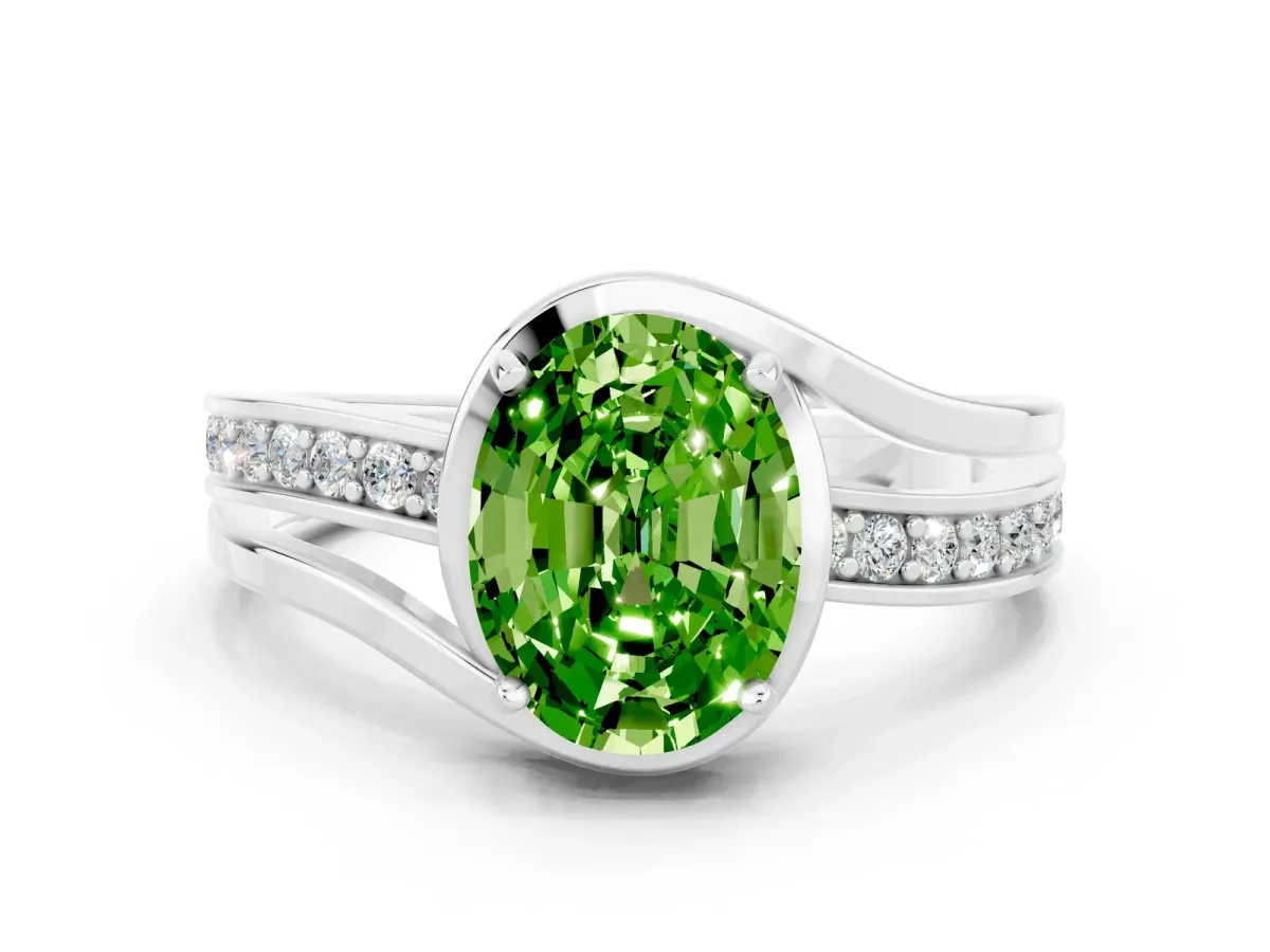 Oval Cut Peridot Solitaire Ring with Split Shank and Prong Setting White gold