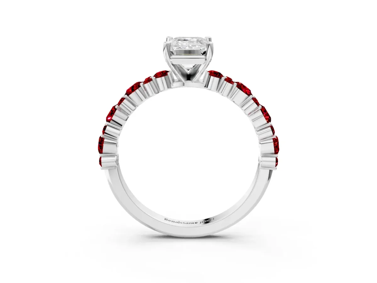 Emerald Cut Diamond Side Stone Solitaire Ring with Round Ruby and Four-Prong Setting Silver
