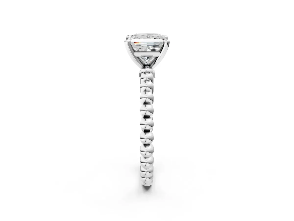 Princess Cut Diamond Solitaire Ring with Beaded Band and Prong Setting Silver