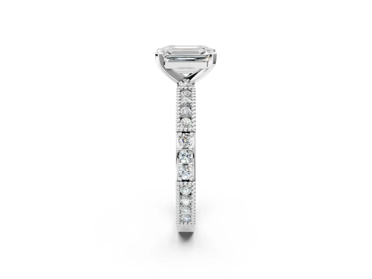 Emerald Cut Solitaire with Pavé Band and Four-Prong Setting Silver