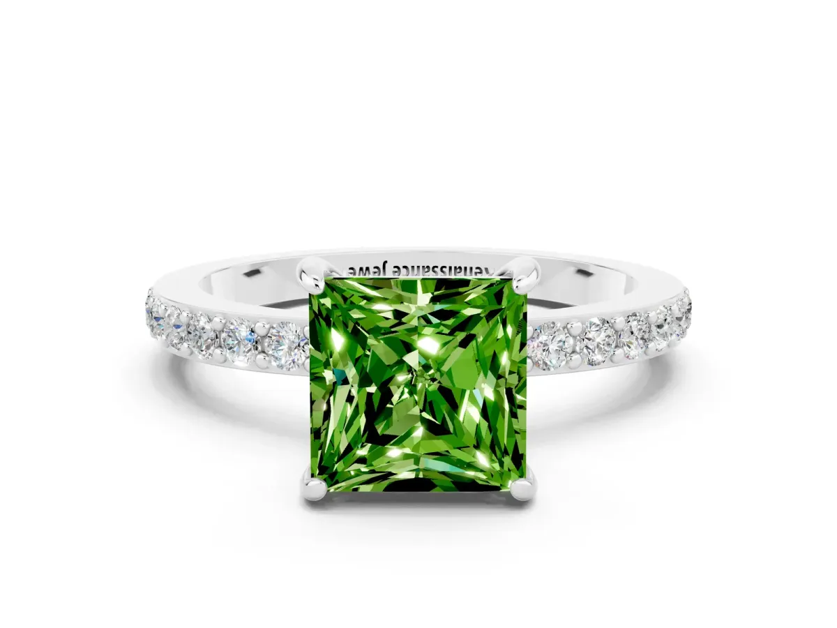 Princess Cut Peridot Solitaire Engagement Ring with Pavé Band and Four-Prong Setting White gold