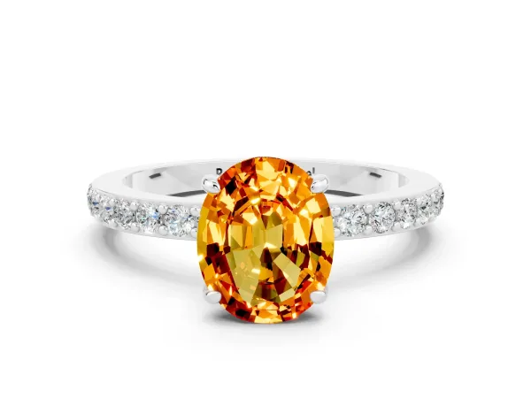 Oval Cut Citrine Solitaire Engagement Ring with Pavé Band and Four-Prong Setting Platinum