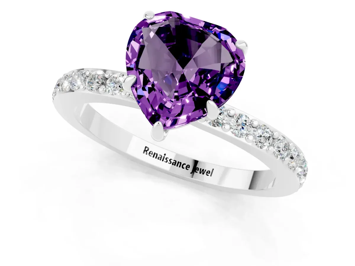 Heart Cut Amethyst Solitaire Engagement Ring with Pavé Band and Four-Prong Setting Platinum