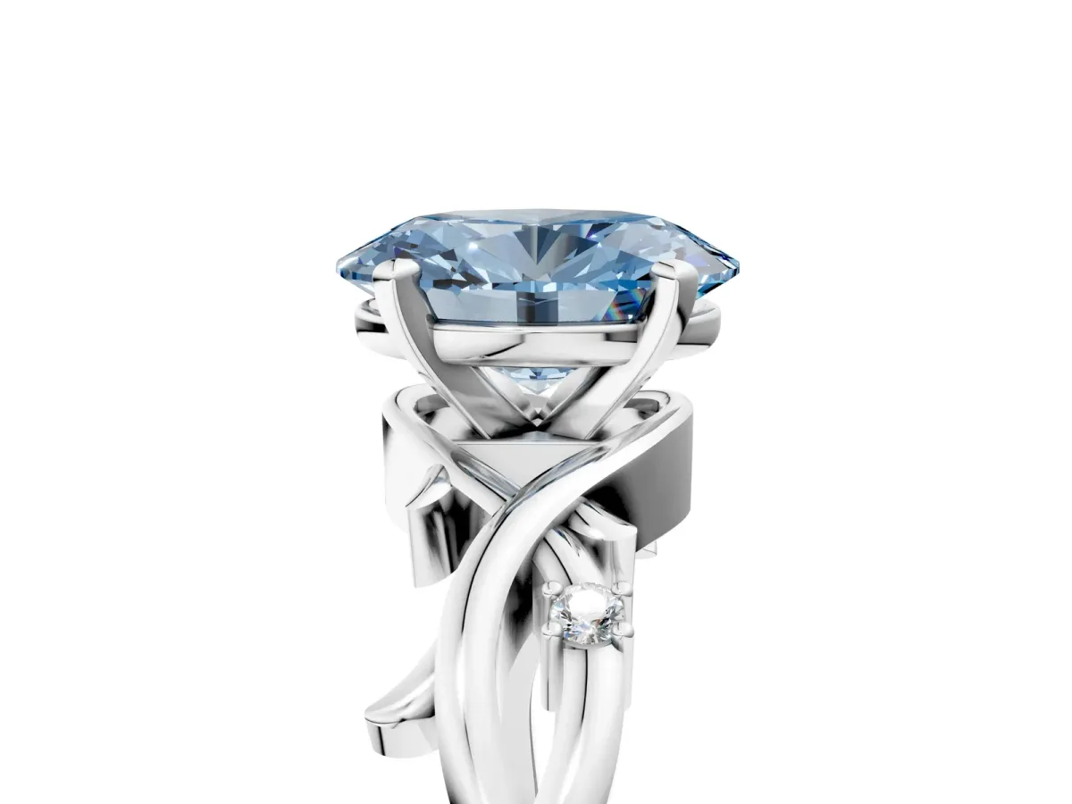 Fancy Blue Oval Cut Diamond Solitaire Ring with Twisted Band and Prong Setting Silver