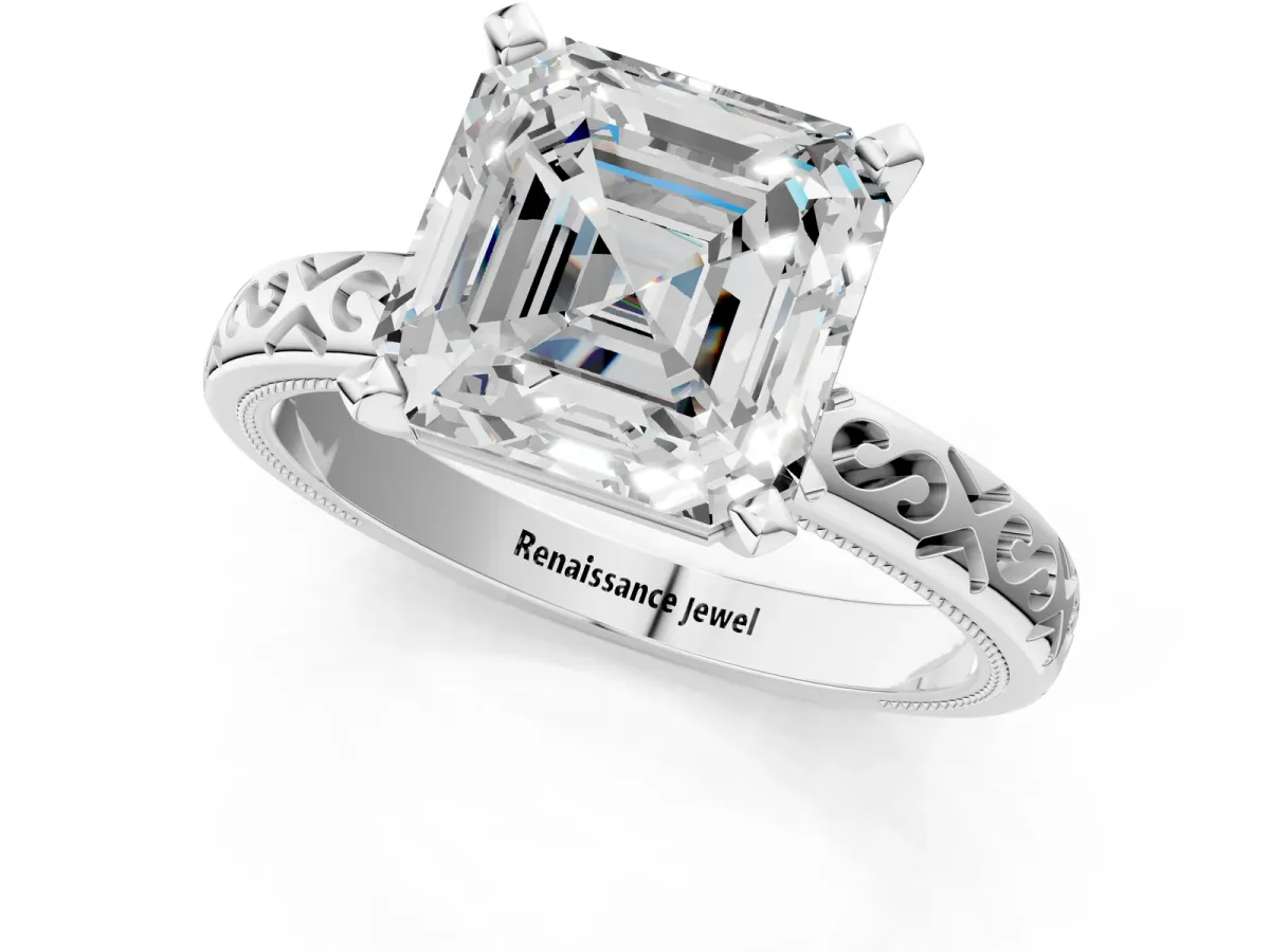 Asscher Cut Solitaire Engagement Ring with Scrollwork Band and Four-Prong Setting Platinum