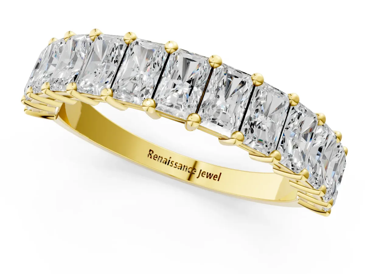 radiant Cut half eternity band with shared prong setting Yellow gold
