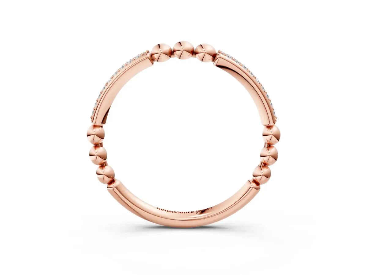 Pave Round Diamond Beaded Band with Shared Prong Setting Rose gold