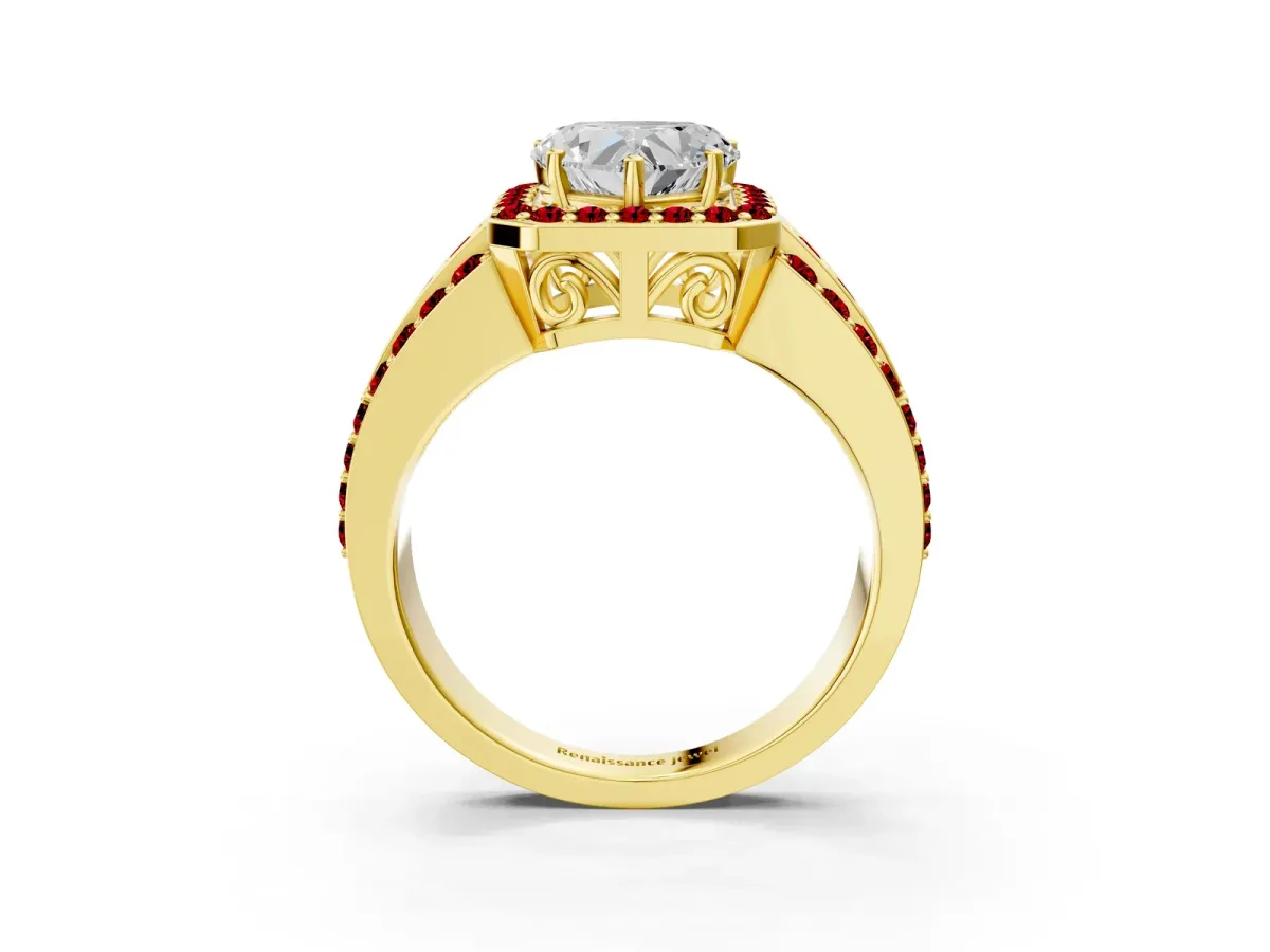 Heart Cut Halo Diamond Ring with Round Ruby Split Shank and Prong Setting Yellow gold