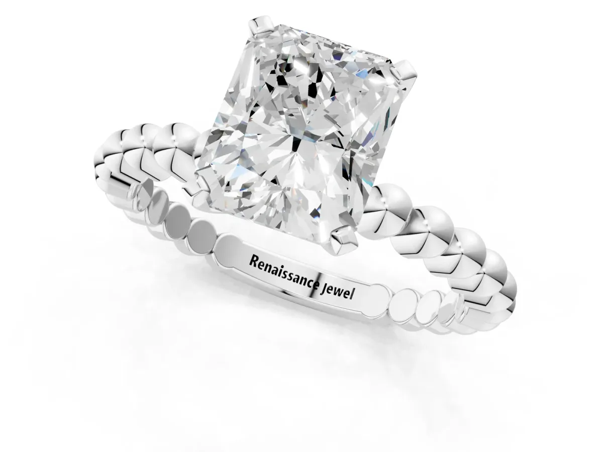 Radiant Cut Diamond Solitaire Ring with Beaded Band and Prong Setting Platinum