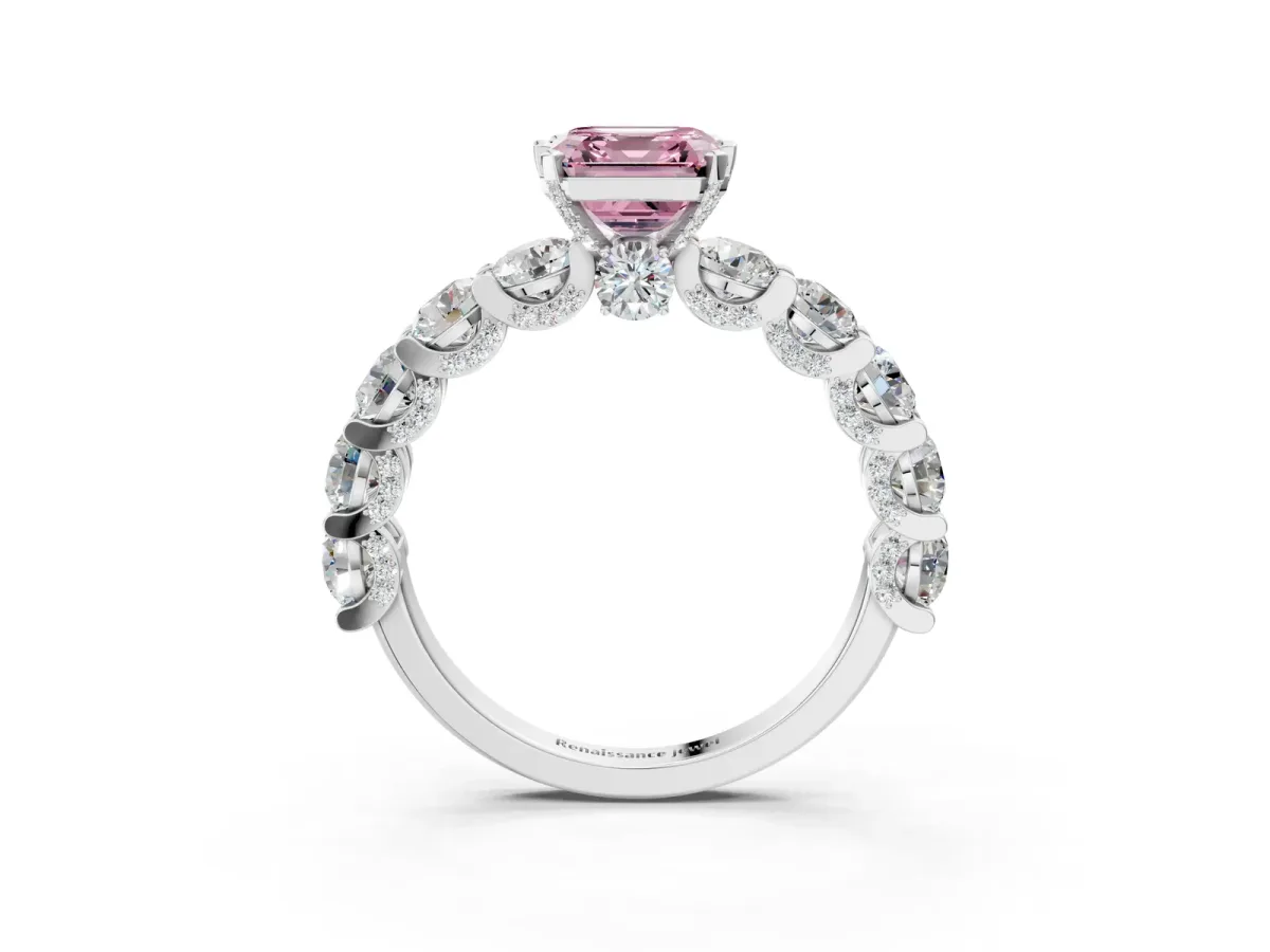 Fancy Pink Asscher Cut Diamond Side Stone Engagement Ring with Four-Prong Setting White gold