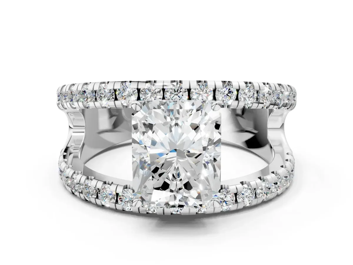 Radiant Cut Solitaire Split Shank Pave Diamond Ring Platinum