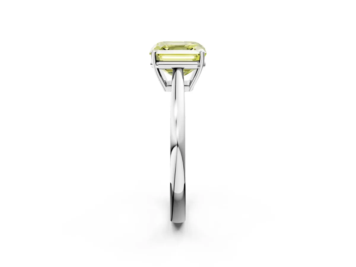 Fancy Yellow Asscher Cut Solitaire Diamond Ring with Split Shank and Four-Prong Setting Platinum