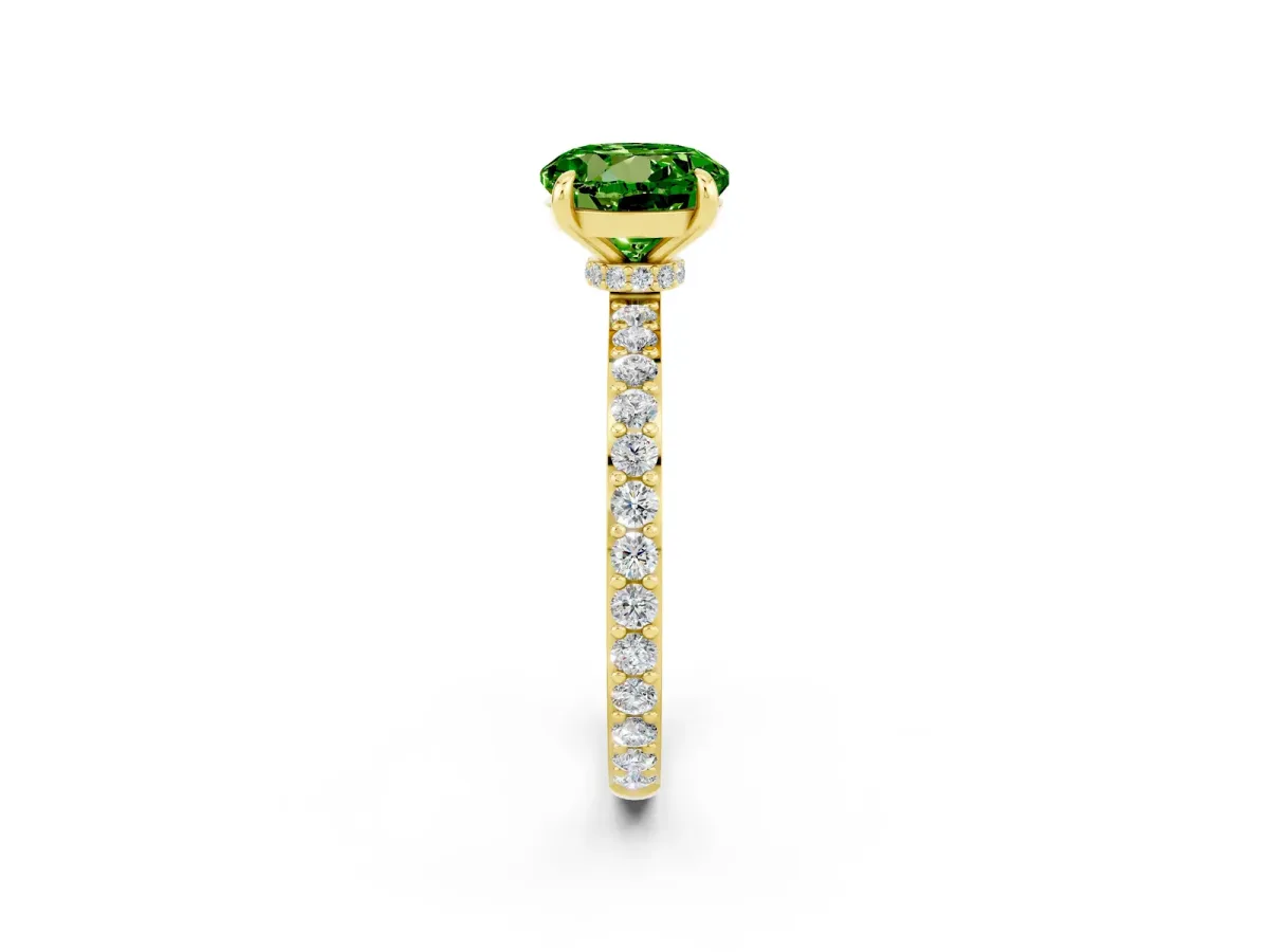 Round Cut Peridot Solitaire Engagement Ring with Pavé Band and Four-Prong Setting Yellow gold