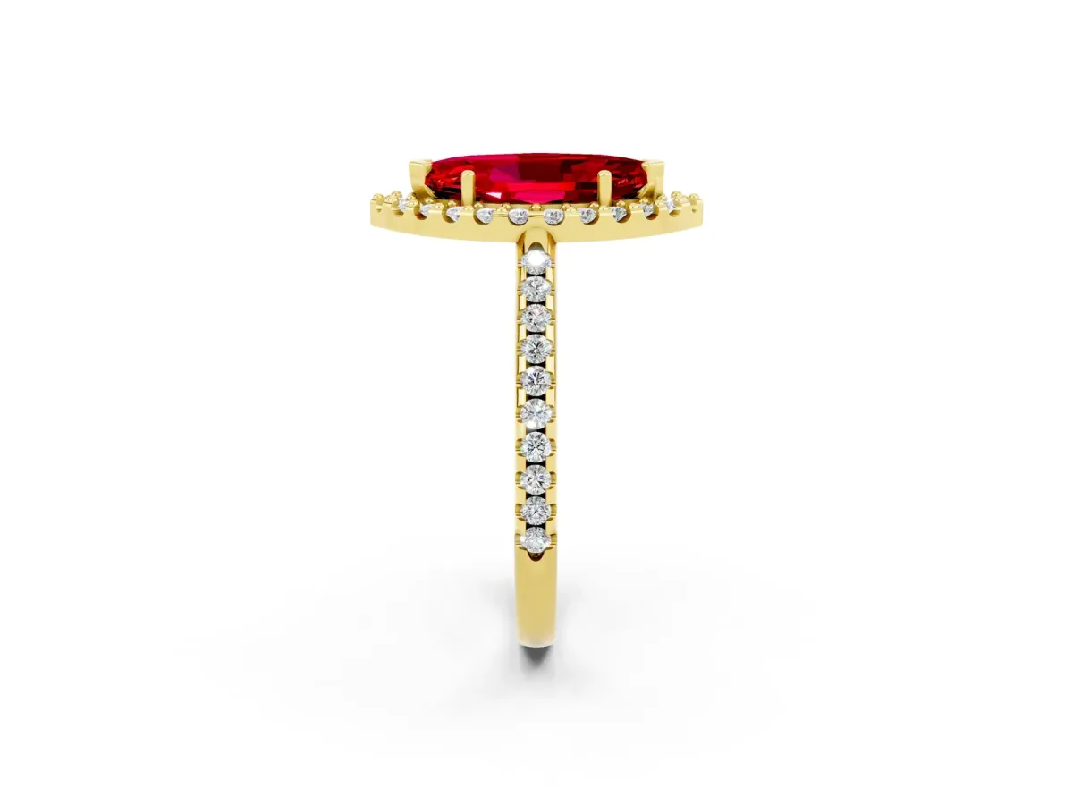 Marquise Cut Ruby Pavé Halo Ring with Four-Prong Setting Yellow gold