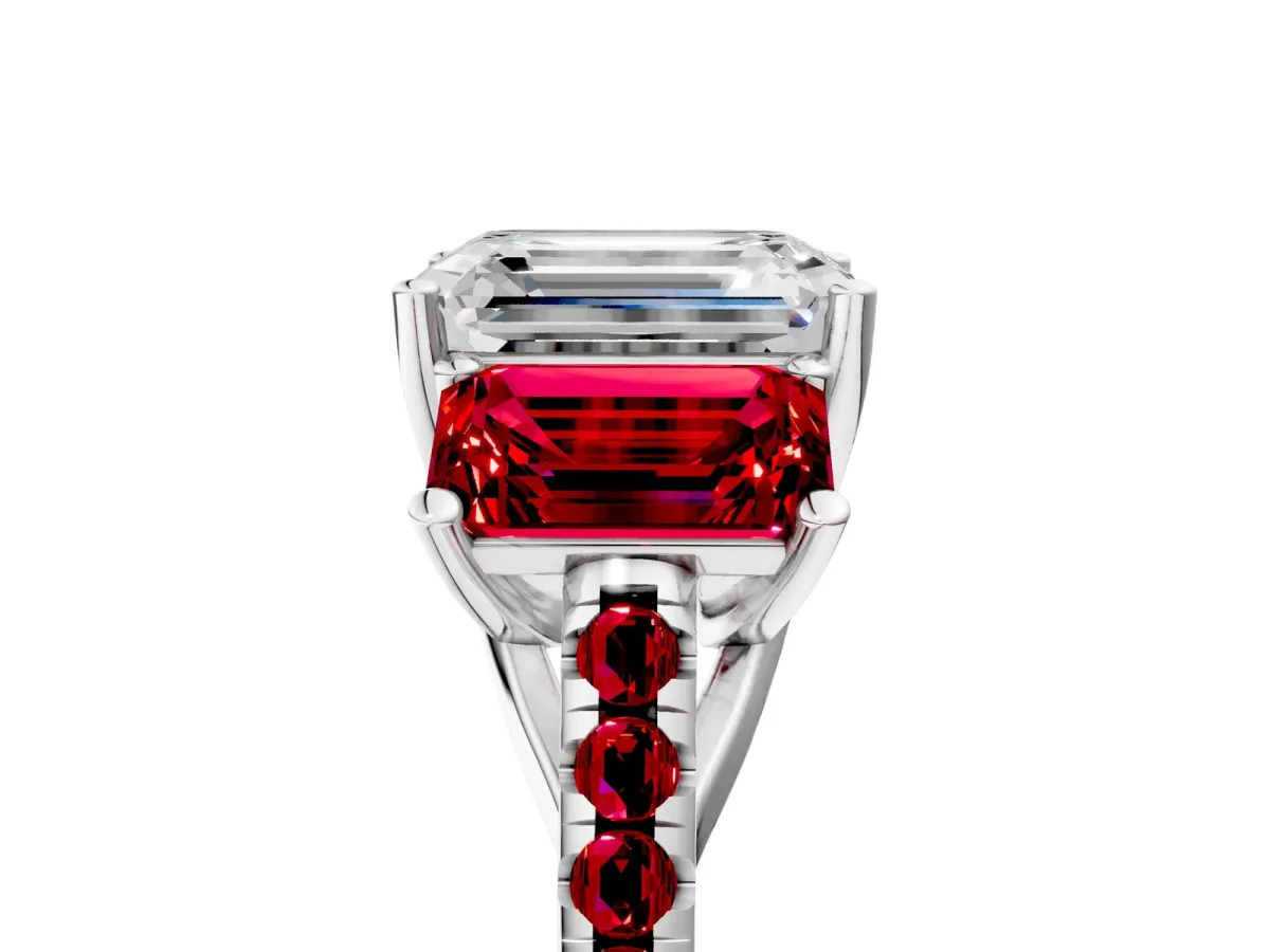Three-Stone Emerald Cut Diamond Ring with Round Ruby Pavé Band and Prong Setting Silver