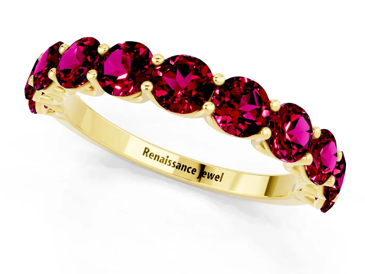 Round Garnet Shared Prong Eternity Band Yellow gold